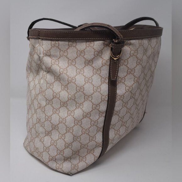 Gucci Women's Bag Tote Satchel Beige Monogram Leather Trim PVC 11.5 x 14.5 - Picture 7 of 16